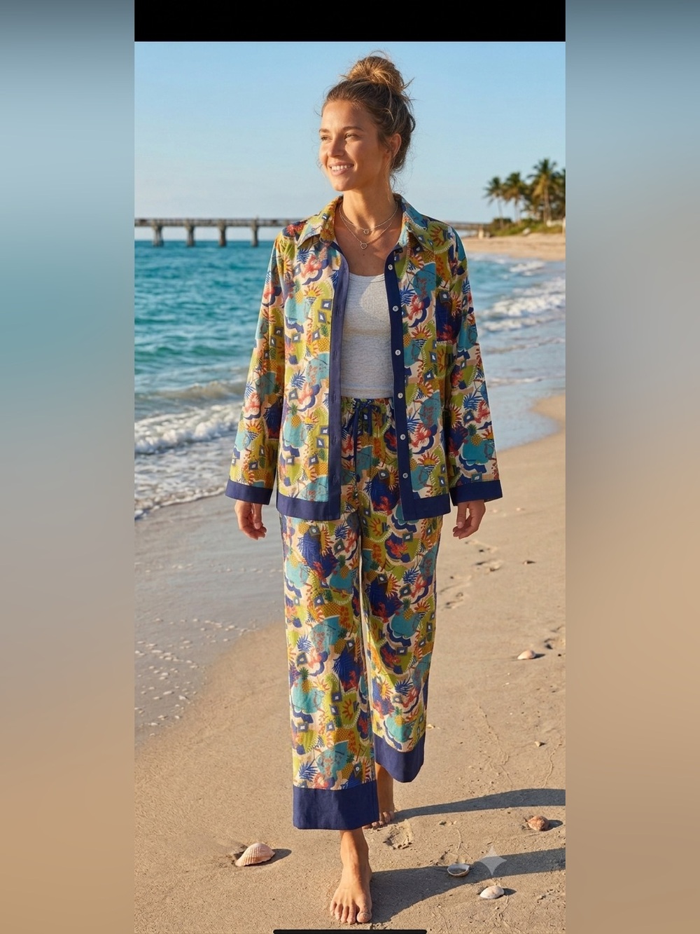 ODDY Floral Print Button-Front Blouse with Navy Trim